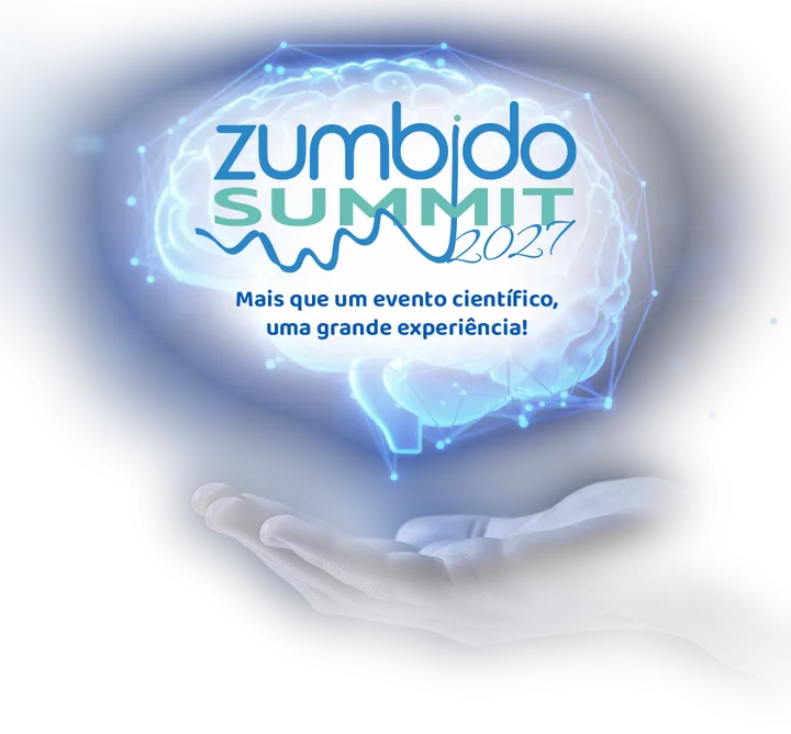 Zumbido Summit 2027, cérebro tecnológico holográfico sustentado por uma mão
