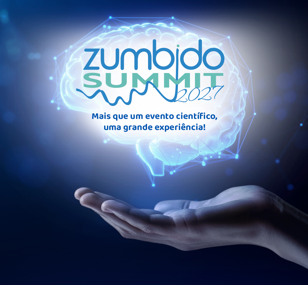 Zumbido Summit 2027, cérebro tecnológico holográfico sustentado por uma mão